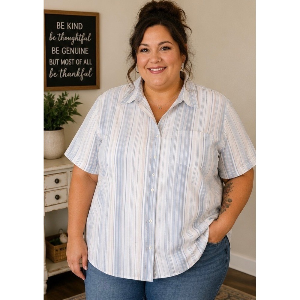 Vintage Cabin Creek Blue White Striped Button Down Shirt Short Sleeve 24W 90s